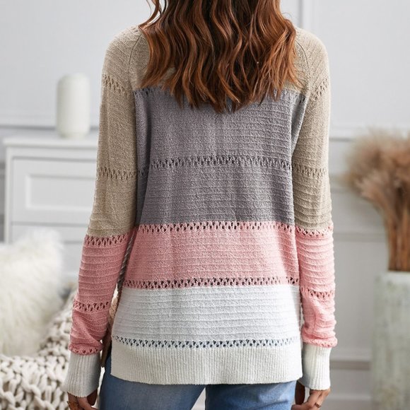 Multicolor V-neck Color Block Button Closure Eyelet Cardigan - Picture 3 of 8